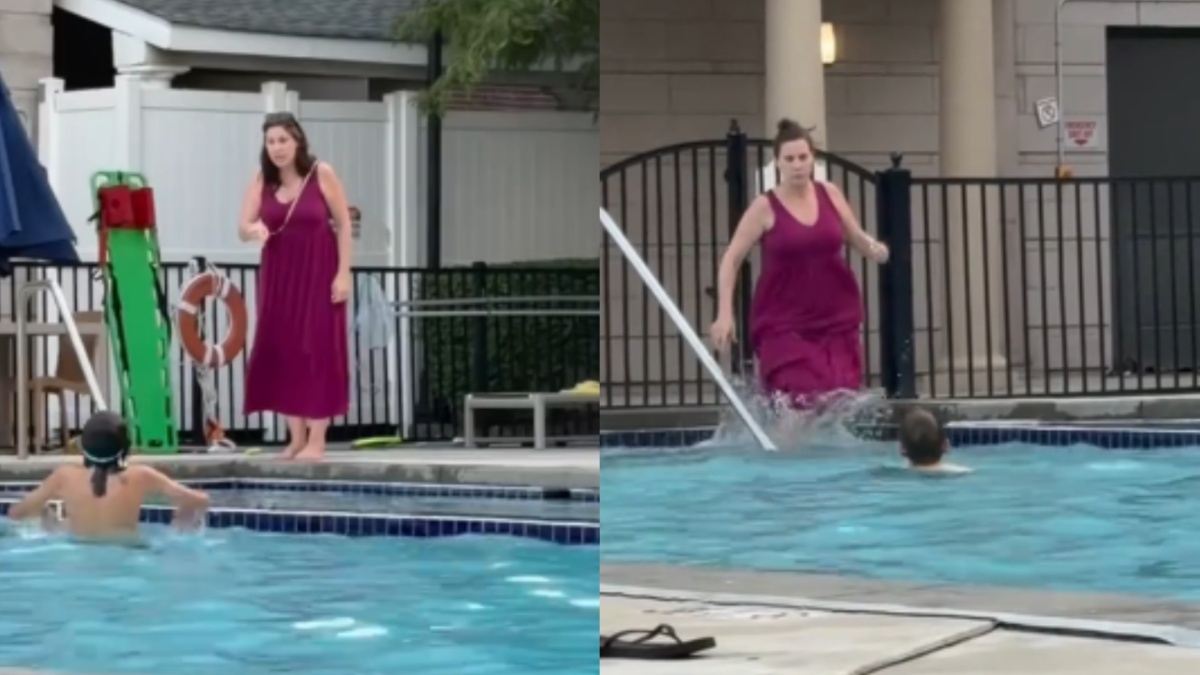 New Jersey Mom Pushed To The Edge By Son’s Behavior During Pool Day: ‘This Enrages Me’ Mom fully clothed in pool trying to get son out of water